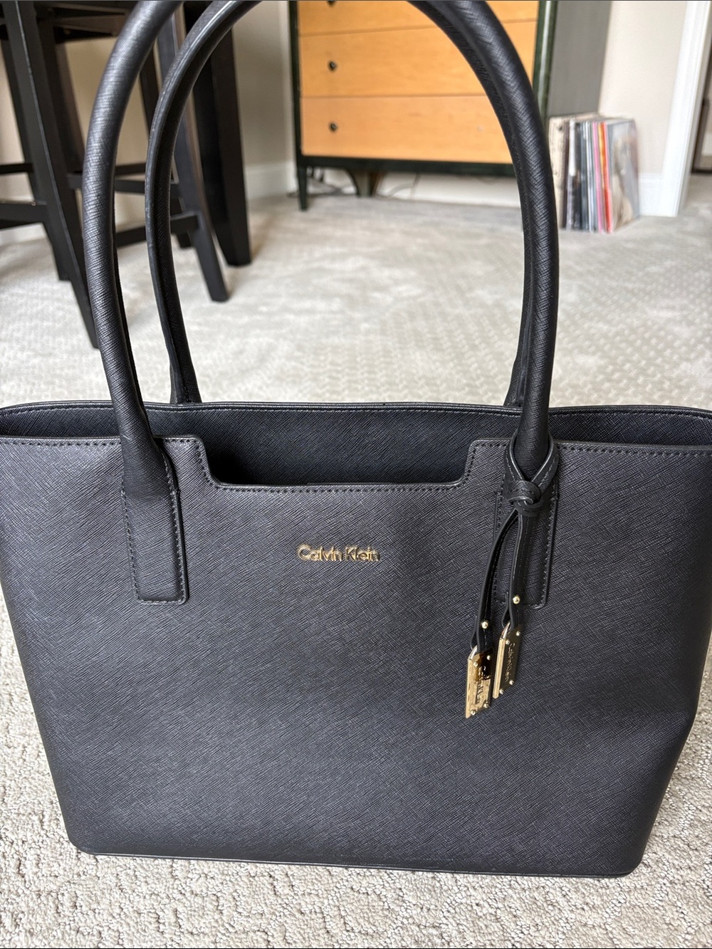 Calvin Klein Black Saffiano Leather Tote with Gold Accent